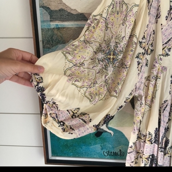 🥳HP🥳Free People Long Sleeve Bubble Dress Cream Green Purple Flower Womens M - Picture 3 of 6